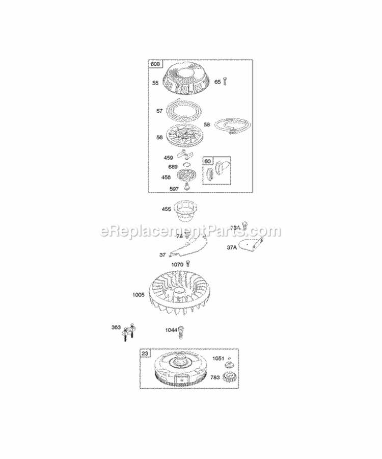 Flywheel Rewind Starter Diagram and Parts List for  Briggs and Stratton Engine